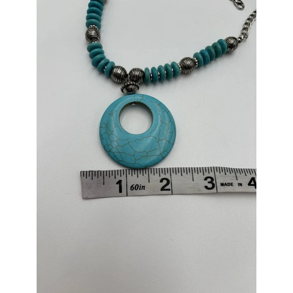 Turquoise‎ Statement Necklace Large Donut Pendant Silver Tone Beaded Chunky